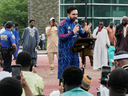 New York Mayor Zohran Mamdani speaks after an Eid al-Adha service, in the Bronx borough of
