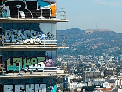 LOS ANGELES, CA - JULY 21, 2026: Drone view of the Hollywood hills from the Oceanwide Plaz