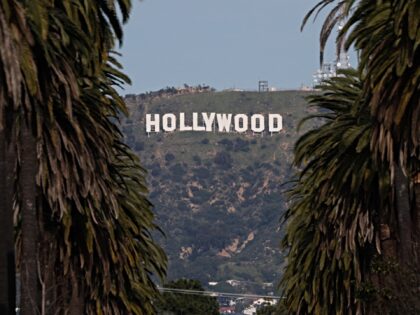 The Hollywood sign is framed by palm trees standing along a residential street in Los Ange