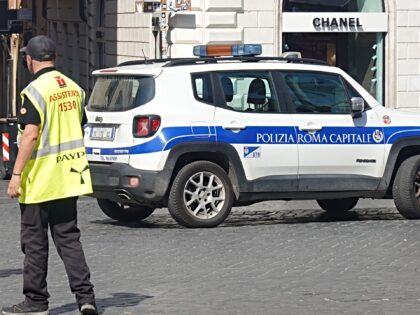 A Rome Capital Police patrol vehicle is stationed near Piazza del Popolo in Rome, Italy, o