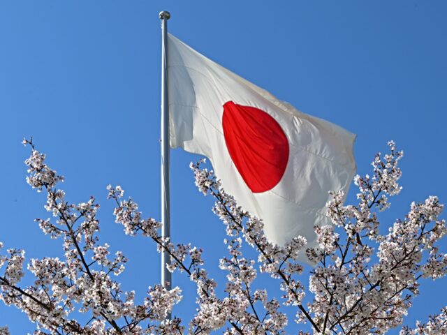 japan flag HIROSHIMA, JAPAN - APRIL 5: The Japanese national flag, the Hinomaru, waves amidst bloomin
