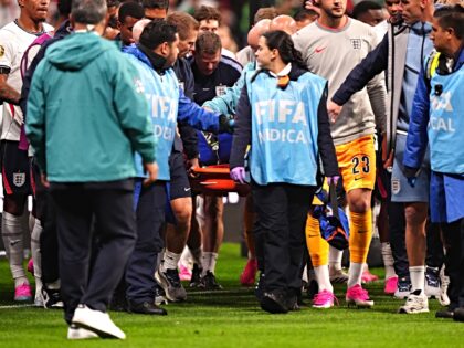 England's Jordan Henderson is stretchered off the pitch due to a possible injury following