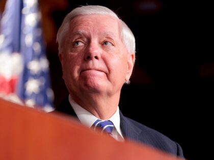 WASHINGTON, DC - APRIL 27: U.S. Sen. Lindsey Graham (R-SC) looks on during a press confere