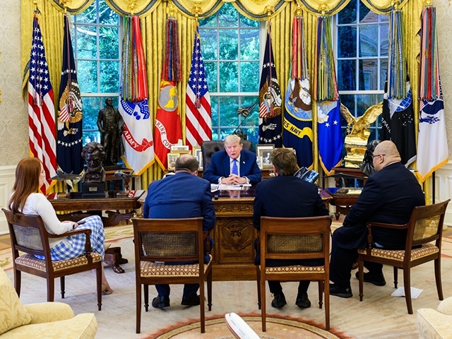 President Donald Trump sits for an interview with Breitbart News Washington Bureau Chief M