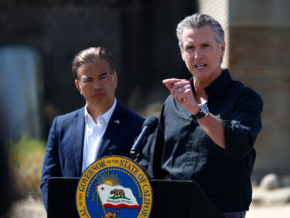 CERES, CALIFORNIA - APRIL 16: California Governor Gavin Newsom (R) speaks as California At