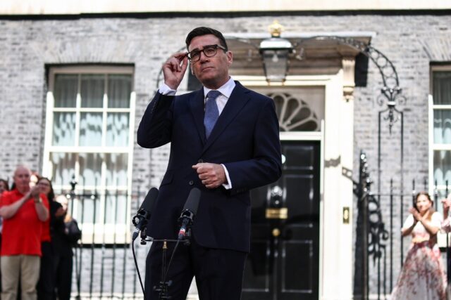 Britain's new Prime Minister Andy Burnham gives his first speech in front of 10 Downing St
