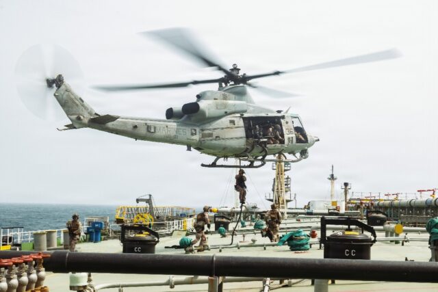 US marines aboard the M/T Wen Yao tanker in the Gulf of Oman as part of the American block