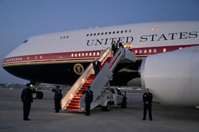 US President Donald Trump disembarks at Joint Base Andrews, Maryland, on July 1, 2026 from