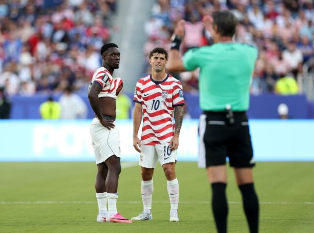 US striker Folarin Balogun received a red card for a foul on Tarik Muharemovic of Bosnia a
