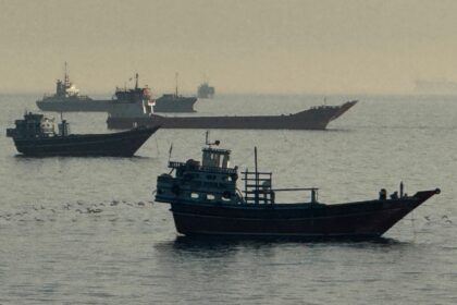 Vessels anchored in the Strait of Hormuz, off the Omani port city of Khasab
