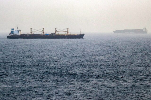 Vessels transit the Bab el-Mandeb Strait off the coast of southern Yemen on July 25, 2026