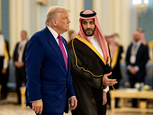 President Donald Trump participates in a coffee ceremony with Saudi Crown Prince Mohammed