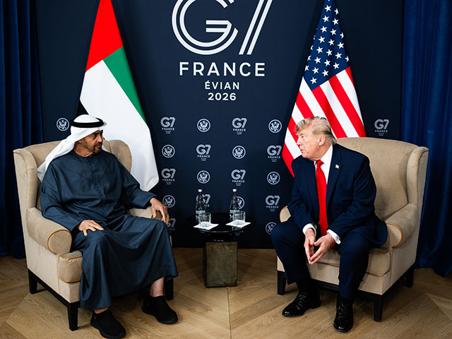 President Donald J. Trump meets with Sheikh Mohamed bin Zayed Al Nahyan, President of the United Arab Emirates, at the Hotel Royal Evian, Tuesday, June 16, 2026, on the margins of the G7 in Evian-les-Bains, France.(Official White House Photo by Daniel Torok)