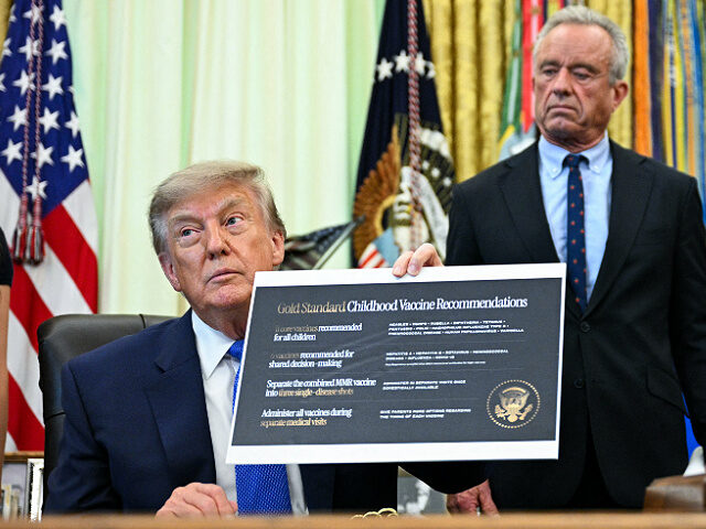 US Secretary of Health and Human Services Robert F. Kennedy Jr. (R) looks on as President