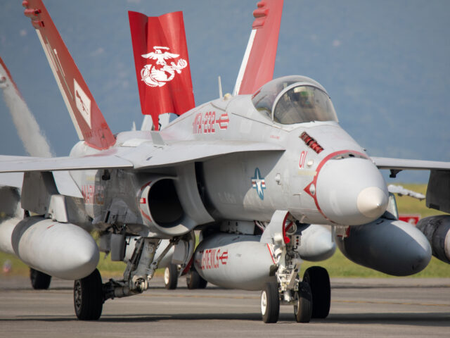 A U.S. Marine Corps F/A-18C Hornet aircraft with Marine Fighter Attack Squadron (VMFA) 232