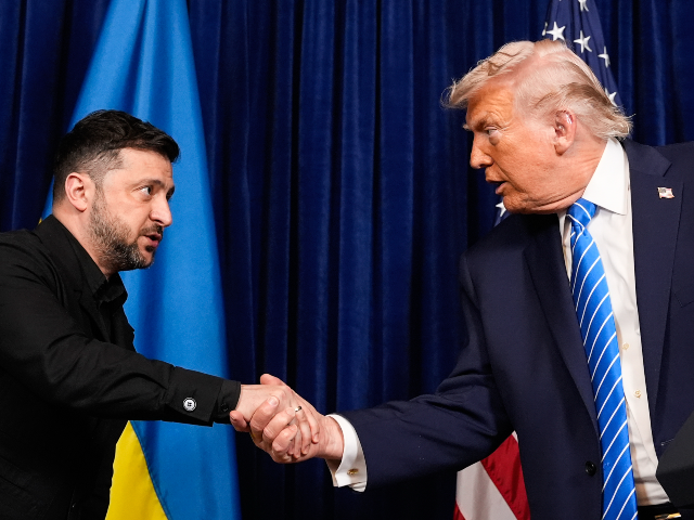AP25362828229534 President Donald Trump and Ukraine's President Volodymyr Zelenskyy shake hands at the