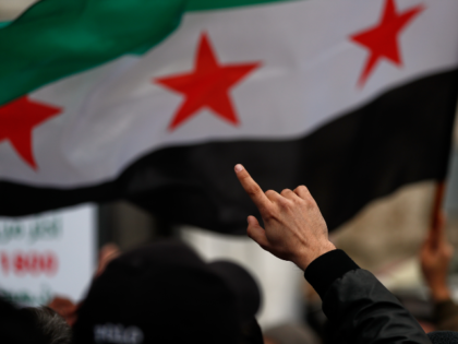 Demonstrators wave a Syrian flag during a march marking the 15th anniversary of the start
