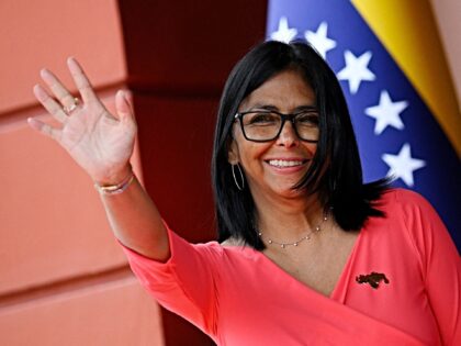 Venezuela's interim President, Delcy Rodriguez, waves upon the arrival of Colombia's Presi