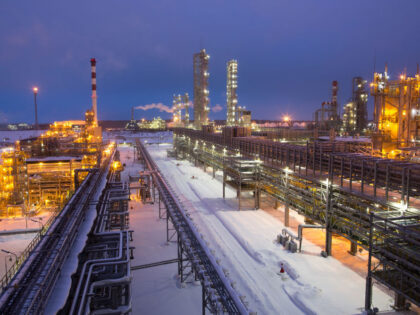 The Taneco Oil Refining and Petrochemical complex, operated by Tatneft PJSC, stands illumi