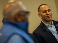 BALTIMORE, MD - MARCH 01: House Majority Leader Hakeem Jeffries (D-NY) smiles as Rep. James Clyburn (D-SC) speaks during a news conference at the Hyatt Recency, where House Democrats are holding their Issues Conference on Wednesday, March 1, 2023 in Baltimore, MD. (Kent Nishimura / Los Angeles Times via Getty Images)