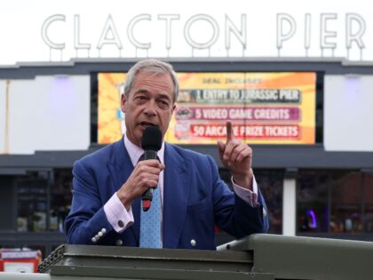 CLACTON-ON-SEA, ENGLAND - JULY 3: Reform UK party leader Nigel Farage speaks to the crowd