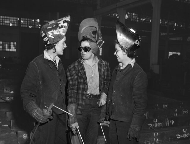 Three female welders in fabricating shop, Bethlehem-Fairfield shipyards, Baltimore, Maryland, USA, Arthur S. Siegel, U.S. Office of War Information, May 1943 Three female welders in fabricating shop, Bethlehem-Fairfield shipyards, Baltimore, Maryla