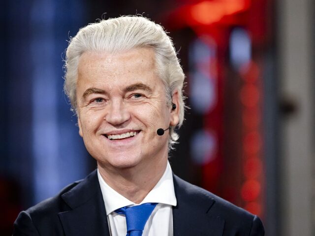 Geert Wilders (PVV) smiles as he takes part in the NOS Final Debate in Tilburg on March 17