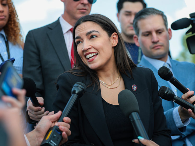 GettyImages-2287235700 WASHINGTON, DC - JULY 22: U.S. Rep. Alexandria Ocasio-Cortez (D-NY) speaks to reporters ne