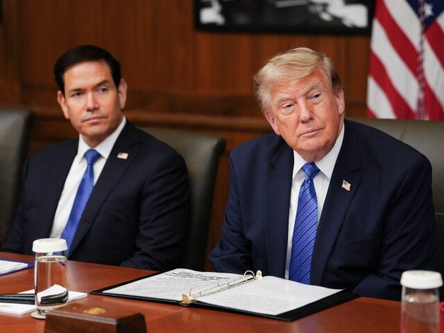 US-POLITICS-TRUMP US President Donald Trump, alongside US Secretary of State Marco Rubio (L), speaks during
