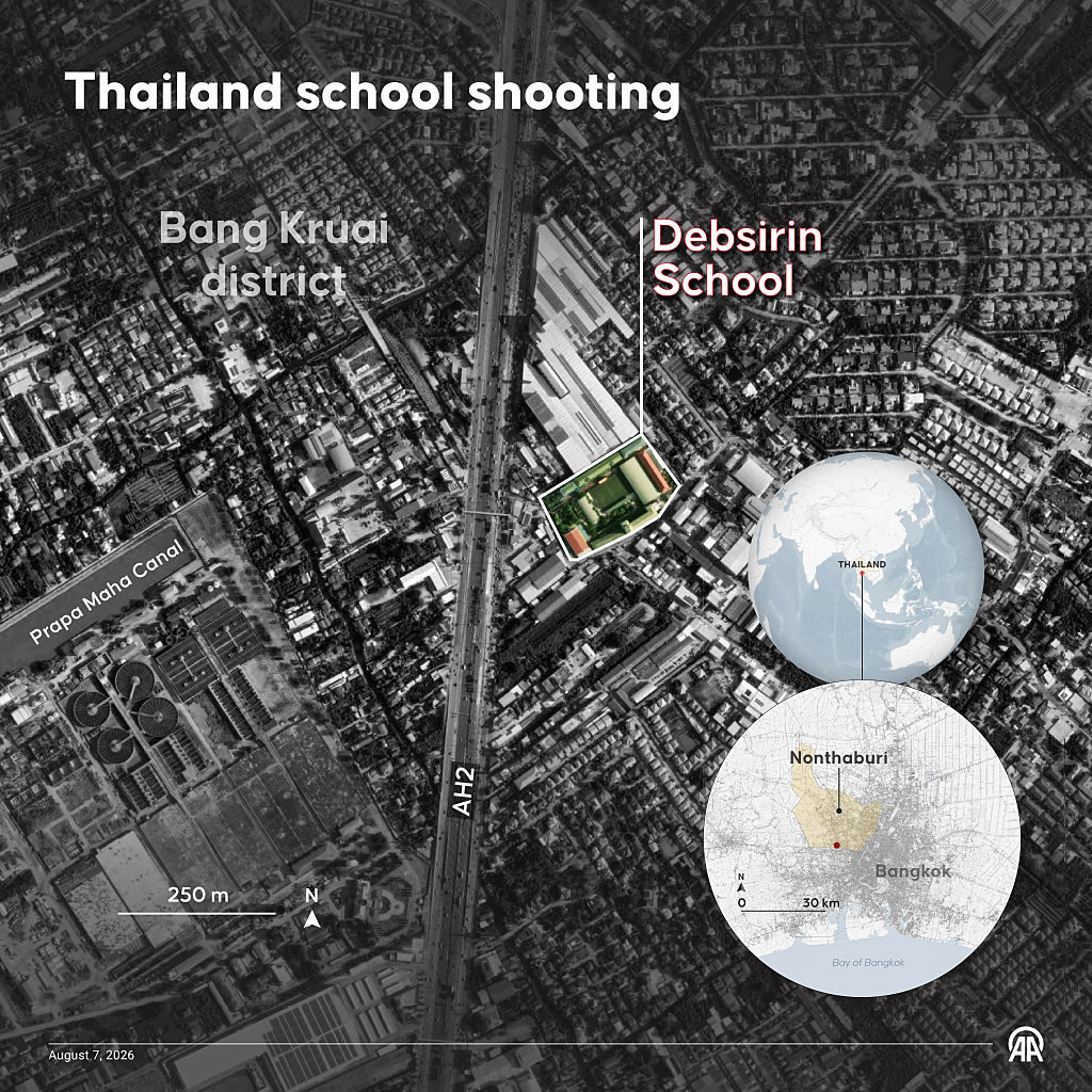  An infographic titled "Thailand school shooting" created in Ankara, Turkiye on August 7, 2026. (Photo by Elif Acar/Anadolu via Getty Images)