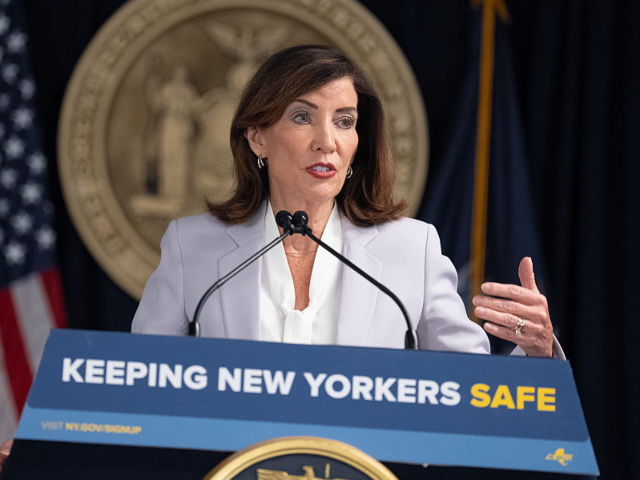 New York Governor Kathy Hochul speaks at a press conference in New York City on Aug. 12, 2