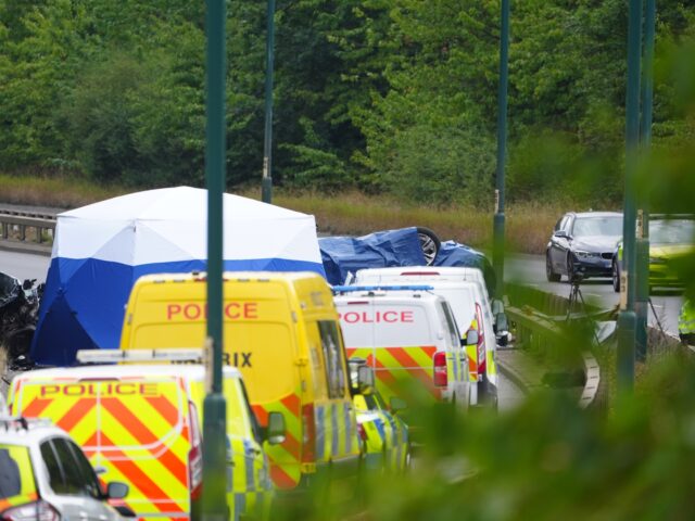 Police officers at the scene of a fatal crash involving a police car and a Volkswagen Pass