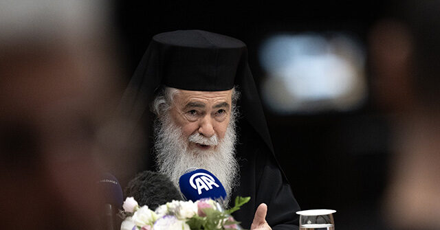 Patriarch Theophilos III of the Greek Orthodox Church speaks during a press conference in Jerusalem after visiting the Holy Family Church in Gaza, which was struck by Israeli forces on July 22, 2025. (Photo by Mostafa Alkharouf/Anadolu via Getty Images)