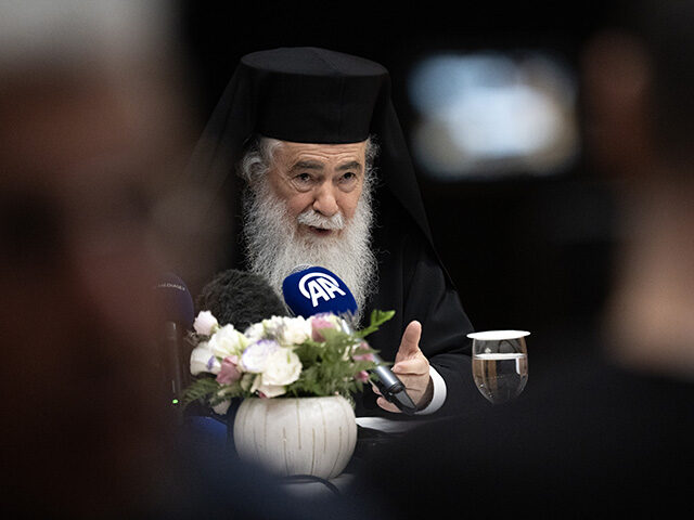 Patriarch Theophilos III of the Greek Orthodox Church speaks during a press conference in