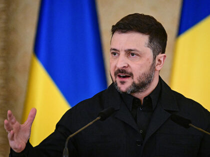 Ukrainian President Volodymyr Zelensky addresses a joint press conference with his Romania
