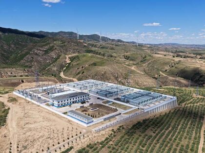 An aerial drone photo taken on June 4, 2026 shows a wind-photovoltaic power storage statio