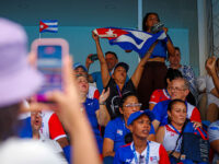 Cuba fans celebrate during the bronze medal match between Mexico and Cuba at the Central American and Caribbean Games Santo Domingo 2026 at the Juan Pablo Duarte Aquatic Center in Santo Domingo, Dominican Republic, on July 25, 2026. (Photo by Edgardo Medina/NurPhoto via Getty Images)