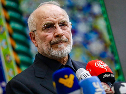 Iran's Parliament Speaker Mohammad Bagher Ghalibaf gives a press conference at an event ma