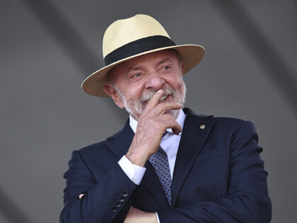 Brazil's President Luiz Inacio Lula da Silva reacts while attending a Soldier's Day ceremo
