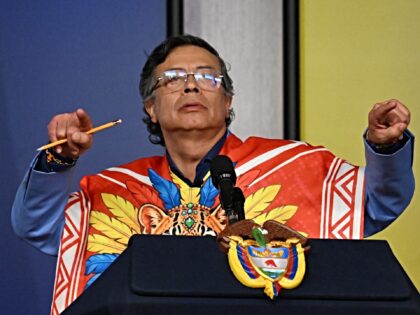 Colombia's President Gustavo Petro gestures as he speaks during a press conference at the