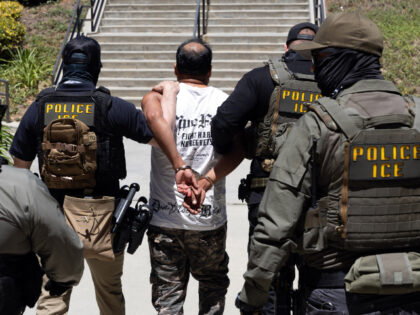 Immigration and Customs Enforcement (ICE) agents walk a detainee out of the Ventura County