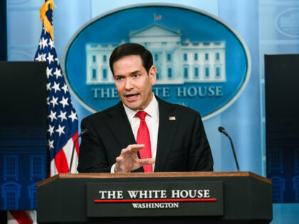Secretary of State Marco Rubio delivers remarks to members of the media in the James S. Br