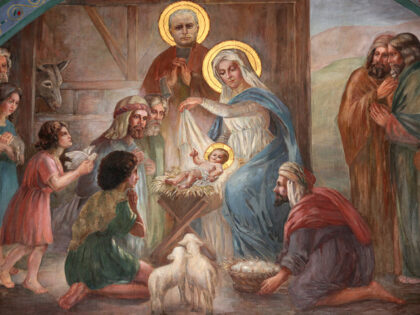 Nativity scene fresco in Saint Joseph des Nations church - stock photo