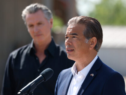 CERES, CALIFORNIA - APRIL 16: California Attorney general Rob Bonta (R) speaks as Californ