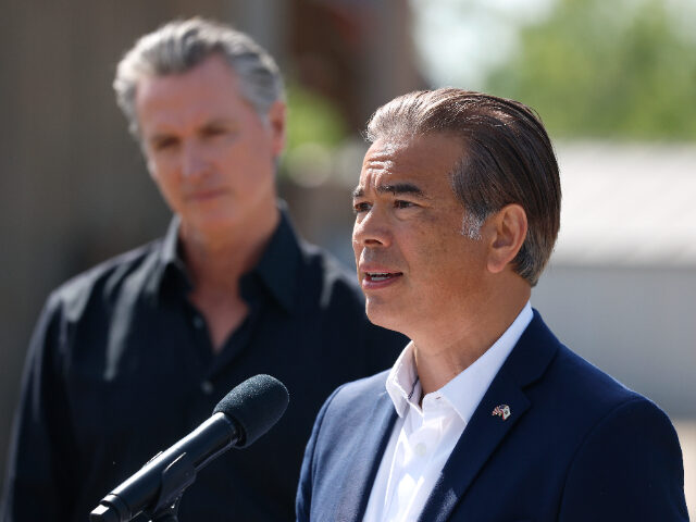 RobBonta2 CERES, CALIFORNIA - APRIL 16: California Attorney general Rob Bonta (R) speaks as Californ