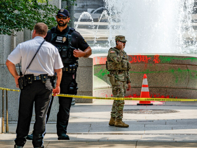 Vandalism can be seen at the World War II Memorial on August 13, 2026 in Washington D.C. S
