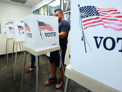 TOPSHOT - Voters cast their ballots for Early Voting at the Los Angeles County Registrar&#