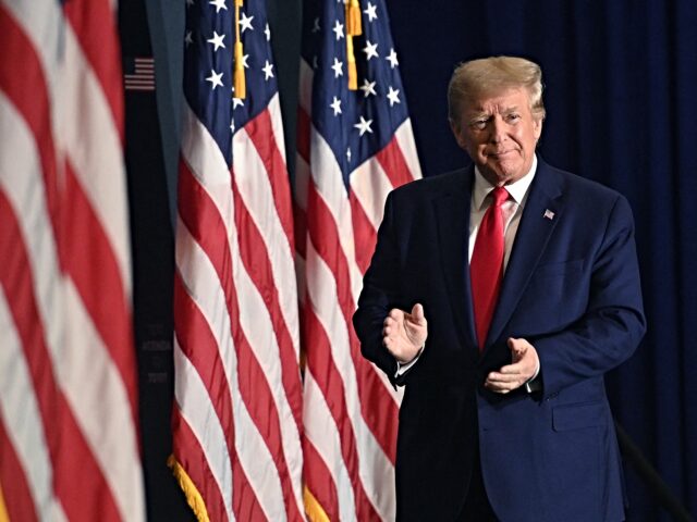 Former US President Donald Trump arrives to speak at the America First Policy Institute Ag