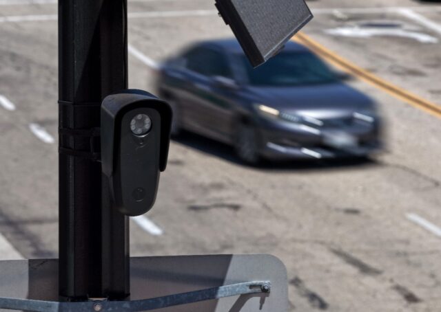 A Flock camera is seen in the Los Angeles suburbs