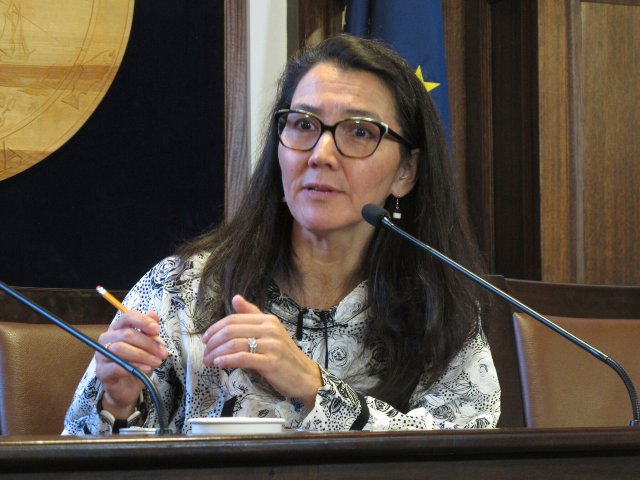 Alaska U.S. Rep. Mary Peltola, a Democrat, speaks to reporters after giving an address to